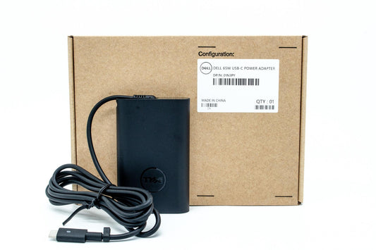 Dell 65W AC adapter with 19.5V output, USB Type-C connector, compatible with various Dell notebooks, indoor use only.