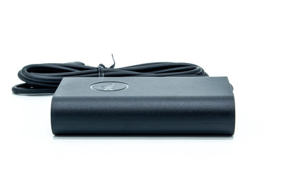 Dell 65W AC adapter with 19.5V output, USB Type-C connector, compatible with various Dell notebooks, indoor use only.