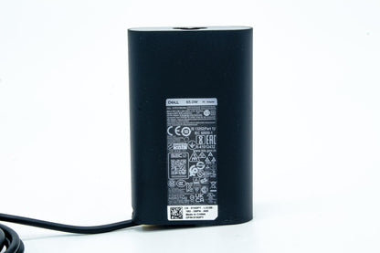 Dell 65W AC adapter with 19.5V output, USB Type-C connector, compatible with various Dell notebooks, indoor use only.