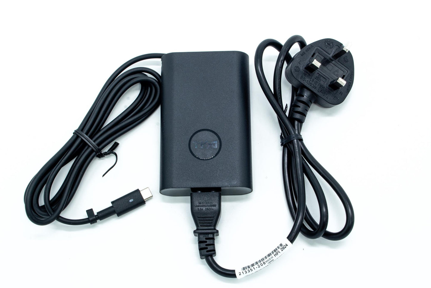Dell 65W AC adapter with 19.5V output, USB Type-C connector, compatible with various Dell notebooks, indoor use only.