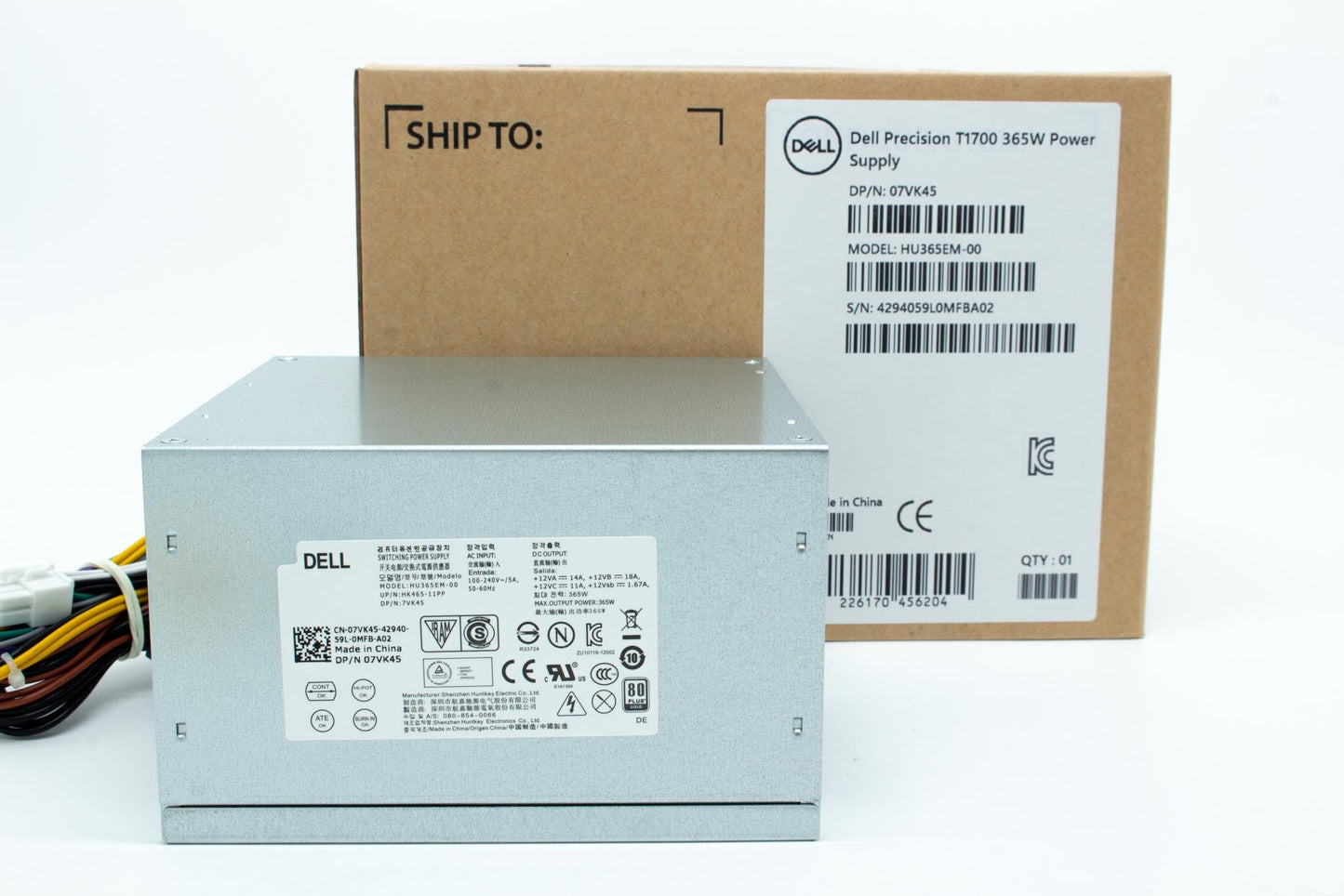Dell 365 Watts, Mini Tower, Huntkey, 7VK45 and T1M43 are interchangable, the PSU will be also ship with TechSheet and cable tie, Remind customer/DSP to apply the cable tie on the PSU P3 cable per TechSheet, E-Star, Power Supply