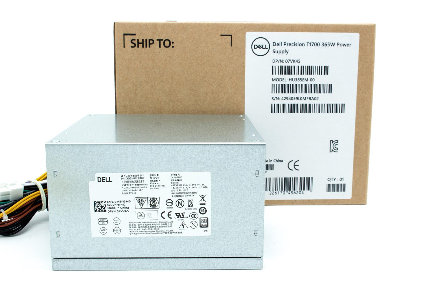 Dell 365 Watts, Mini Tower, Huntkey, 7VK45 and T1M43 are interchangable, the PSU will be also ship with TechSheet and cable tie, Remind customer/DSP to apply the cable tie on the PSU P3 cable per TechSheet, E-Star, Power Supply