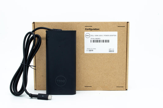 Dell 130W AC adapter with 20V output, USB Type-C connector, compatible with various Dell laptops, C6 power cord not included.