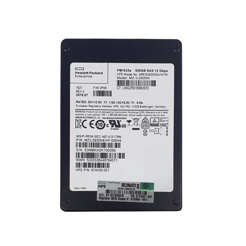 "SPS-DRV 920GB SSD SAS 2.5 SFF SS7000 SM Apr 1, 2019 : limited supply spare p/n, please order Alternate p/n P08719-001 as per customer notice a00065635. Note newer drive has a higher OS level requirement."