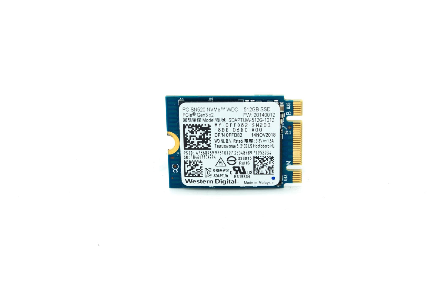 Western Digital PC SN520 SDAPTUW-512G-1012 DP/N 0FFD82 512GB M.2 2230 NVMe SSD